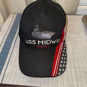 USS Midway C-41 Gerhardt Cap.  Black Embroidered American Flag. EUC.